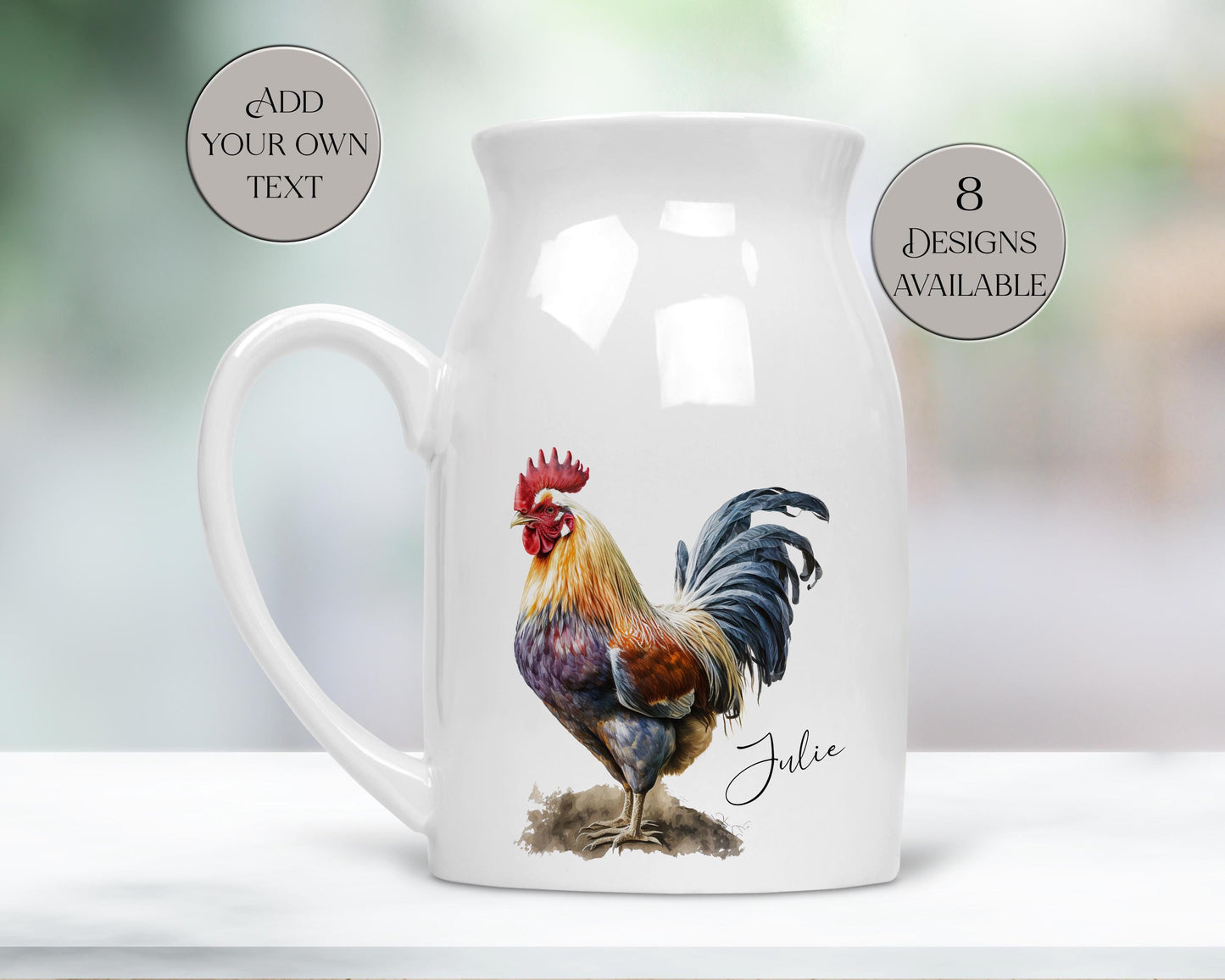 Personalised Cockerel Milk Jug – Watercolour Rooster Ceramic Flower Vase