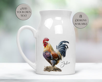 Personalised Cockerel Milk Jug – Watercolour Rooster Ceramic Flower Vase