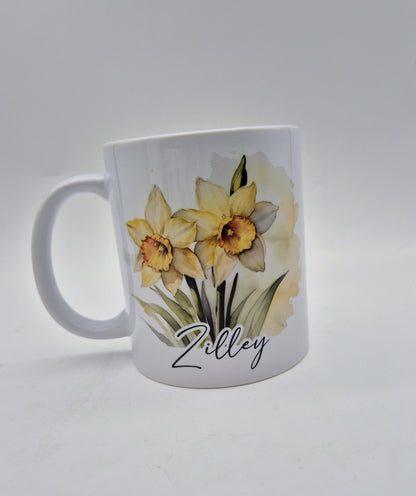 Personalised Watercolour Daffodil Mug & Coaster Set – Floral Spring Gift