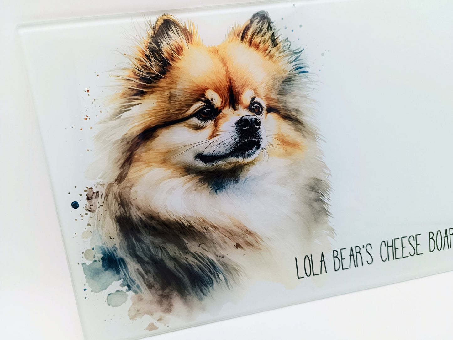 Personalised Pomeranian Glass Chopping Board – Watercolour Dog Kitchen Gift