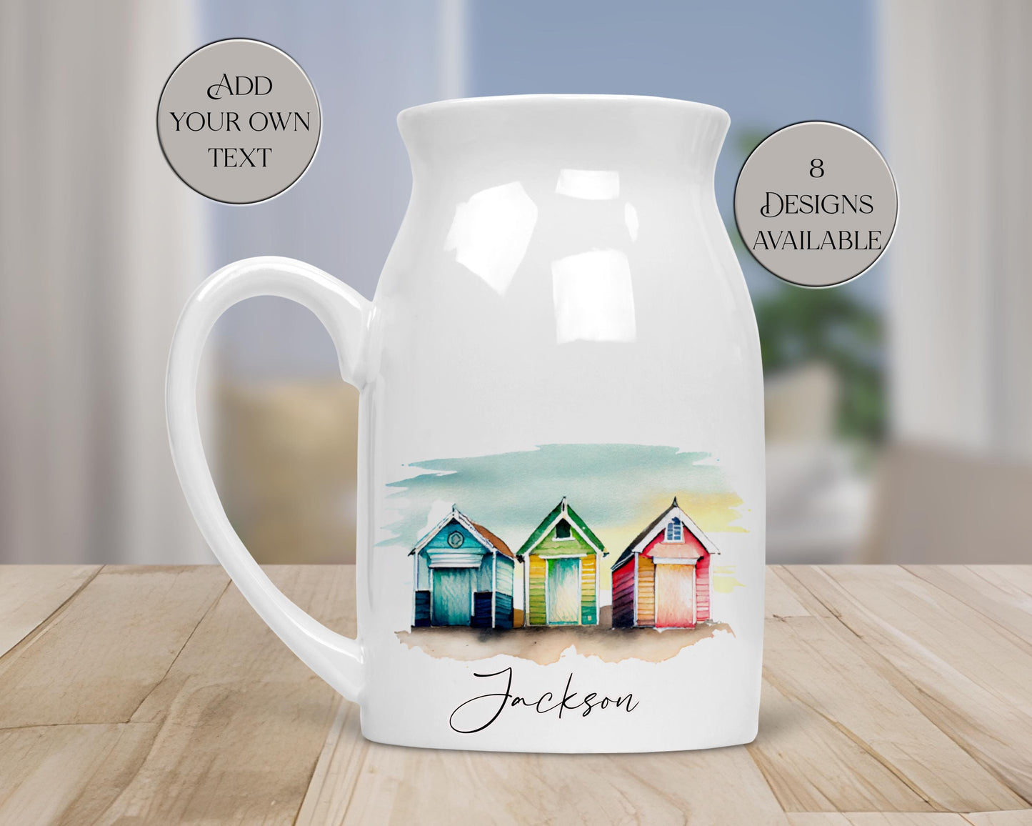 Personalised Watercolour Beach Hut Milk Jug | Flower Vase | Coastal Home Décor Gift