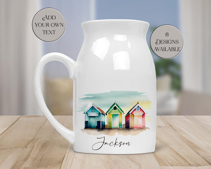 Personalised Watercolour Beach Hut Milk Jug | Flower Vase | Coastal Home Décor Gift
