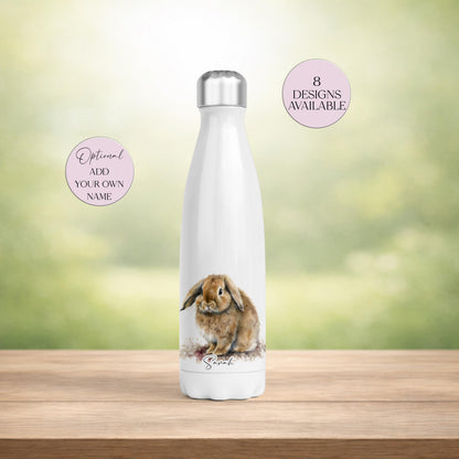 Personalised Bunny Water Bottle – Insulated Stainless Steel Flask - Rabbit Lover Gift