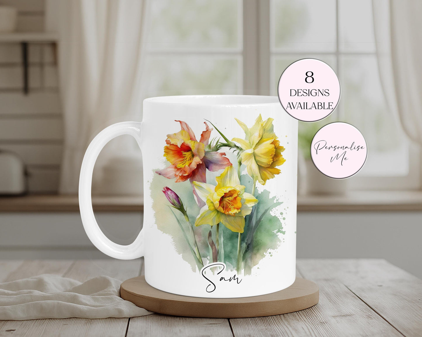 Personalised Watercolour Daffodil Mug & Coaster Set – Floral Spring Gift