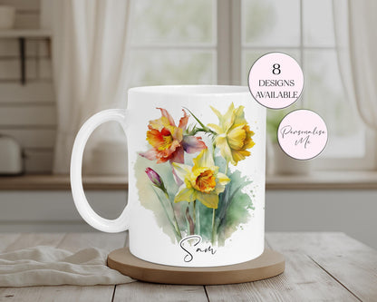 Personalised Watercolour Daffodil Mug & Coaster Set – Floral Spring Gift