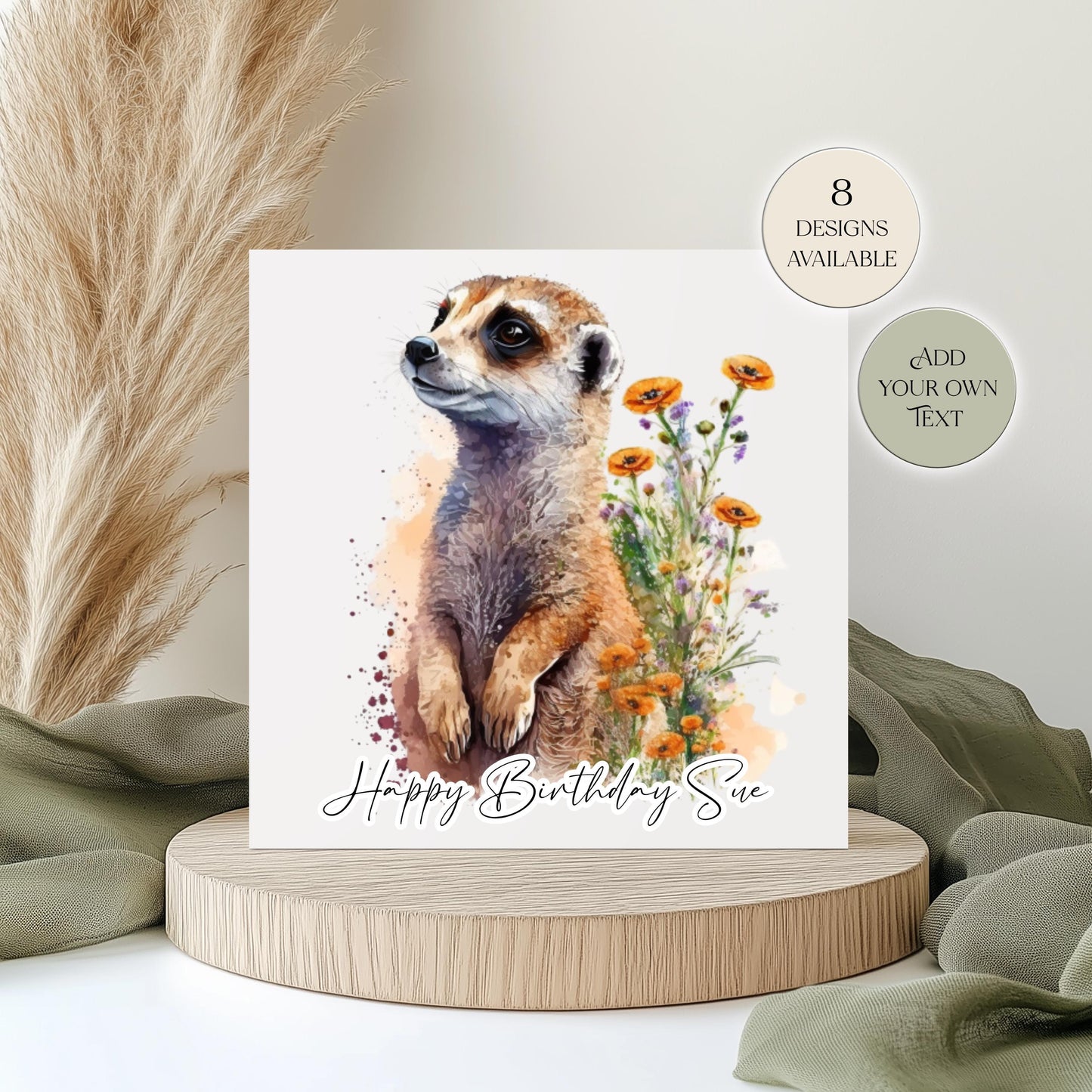Personalised Meerkat Birthday Card – Cute Floral Greeting Card