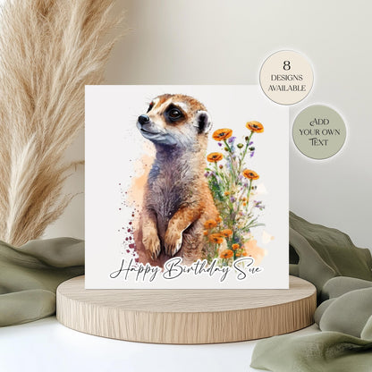 Personalised Meerkat Birthday Card – Cute Floral Greeting Card