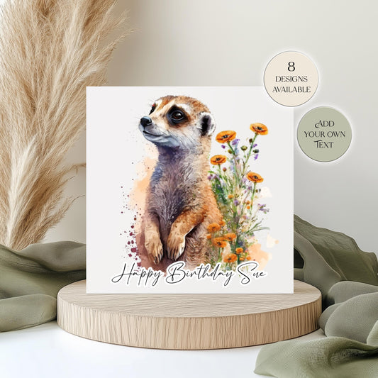 Personalised Meerkat Birthday Card – Cute Floral Greeting Card