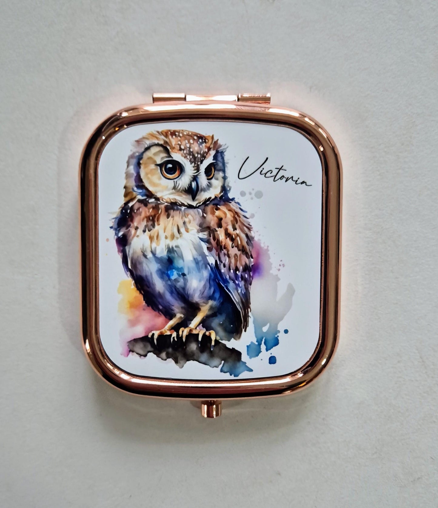 Personalised Watercolour Owl Compact Mirror – Rose Gold or Yellow Gold | Custom Handbag Gift