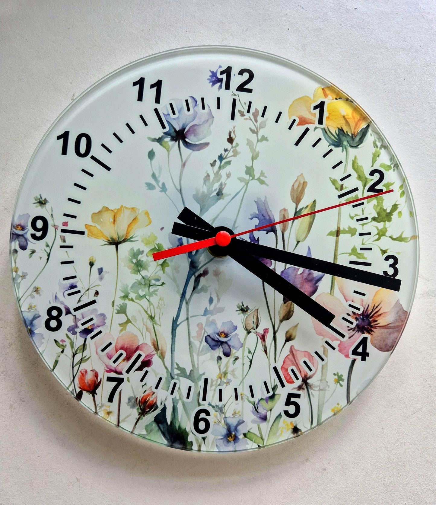 Glass Watercolour Wildflower Clock – Floral Wall Clock - Nature-Inspired Home Gift