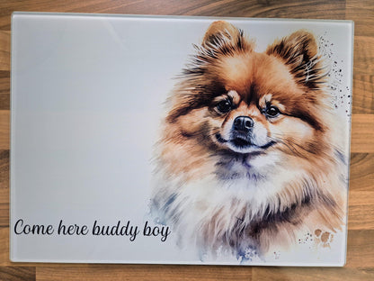 Personalised Pomeranian Glass Chopping Board – Watercolour Dog Kitchen Gift