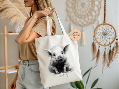 Personalised Sketched Pig Tote Bag | Custom Farm Animal Gift | Eco-Friendly Long Handle Shopper