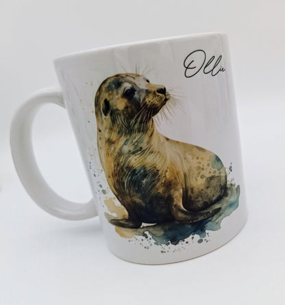 Personalised Watercolour Seal Mug & Coaster Set – Coastal Animal Gift