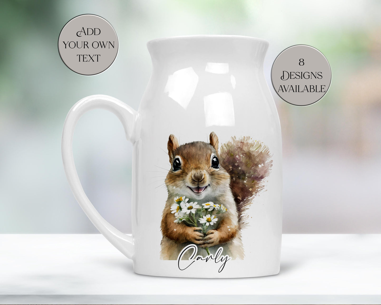 Personalised Squirrel Milk Jug – Watercolour Ceramic Flower Vase