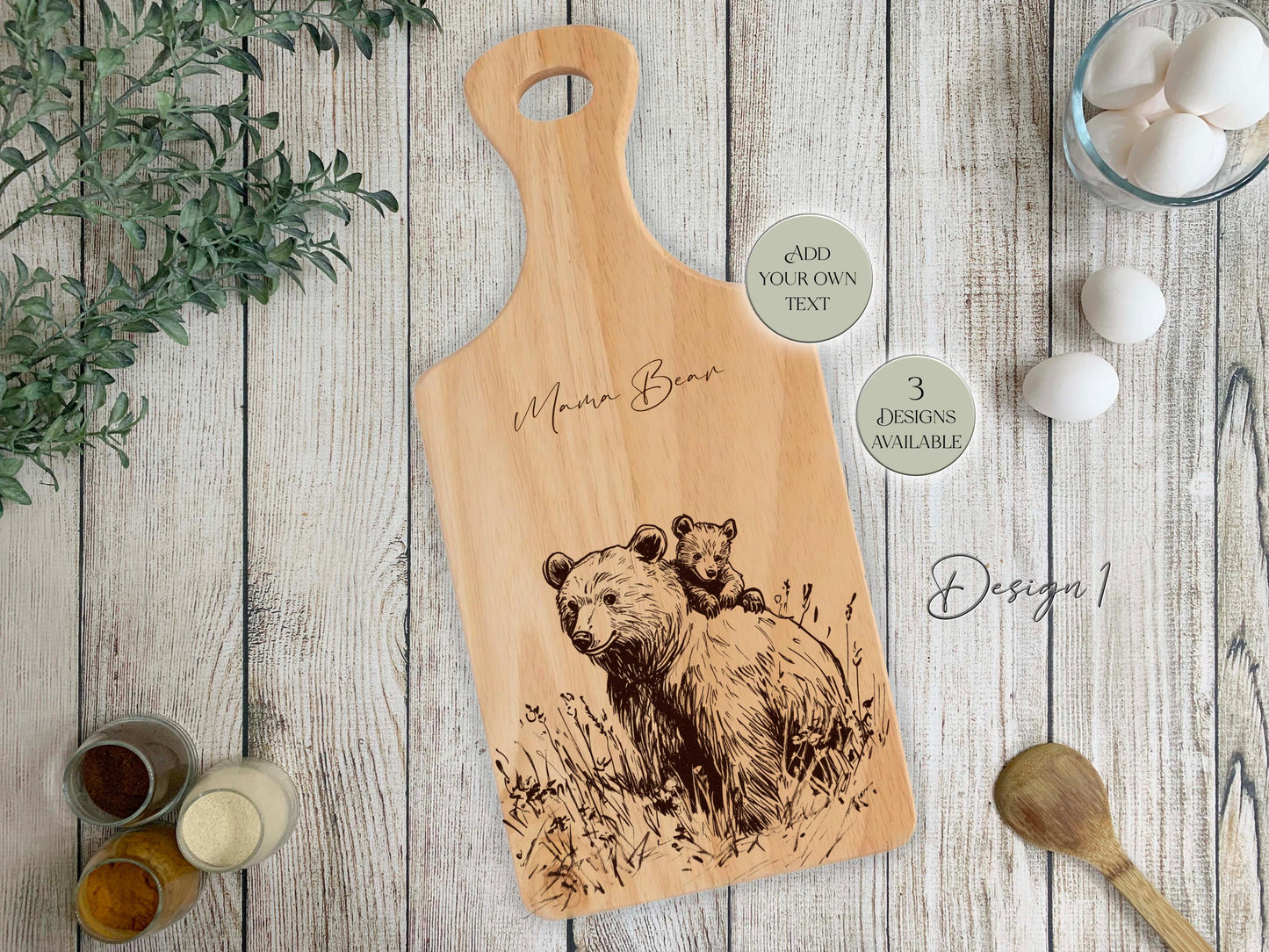 Personalised Wooden Bear Cutting Board | Bear Mum & Baby | Engraved Kitchen Gift