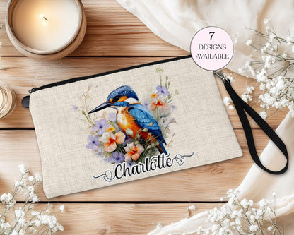 Personalised Kingfisher Makeup Bag – Custom Linen Pouch with Strap