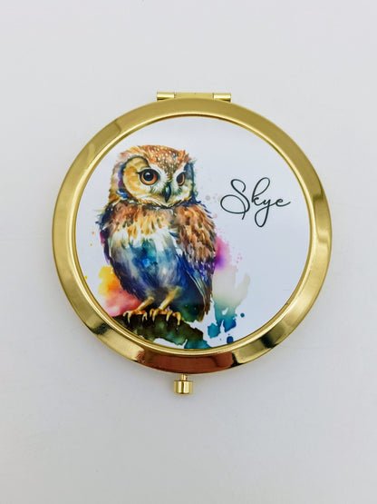 Personalised Watercolour Owl Compact Mirror – Rose Gold or Yellow Gold | Custom Handbag Gift