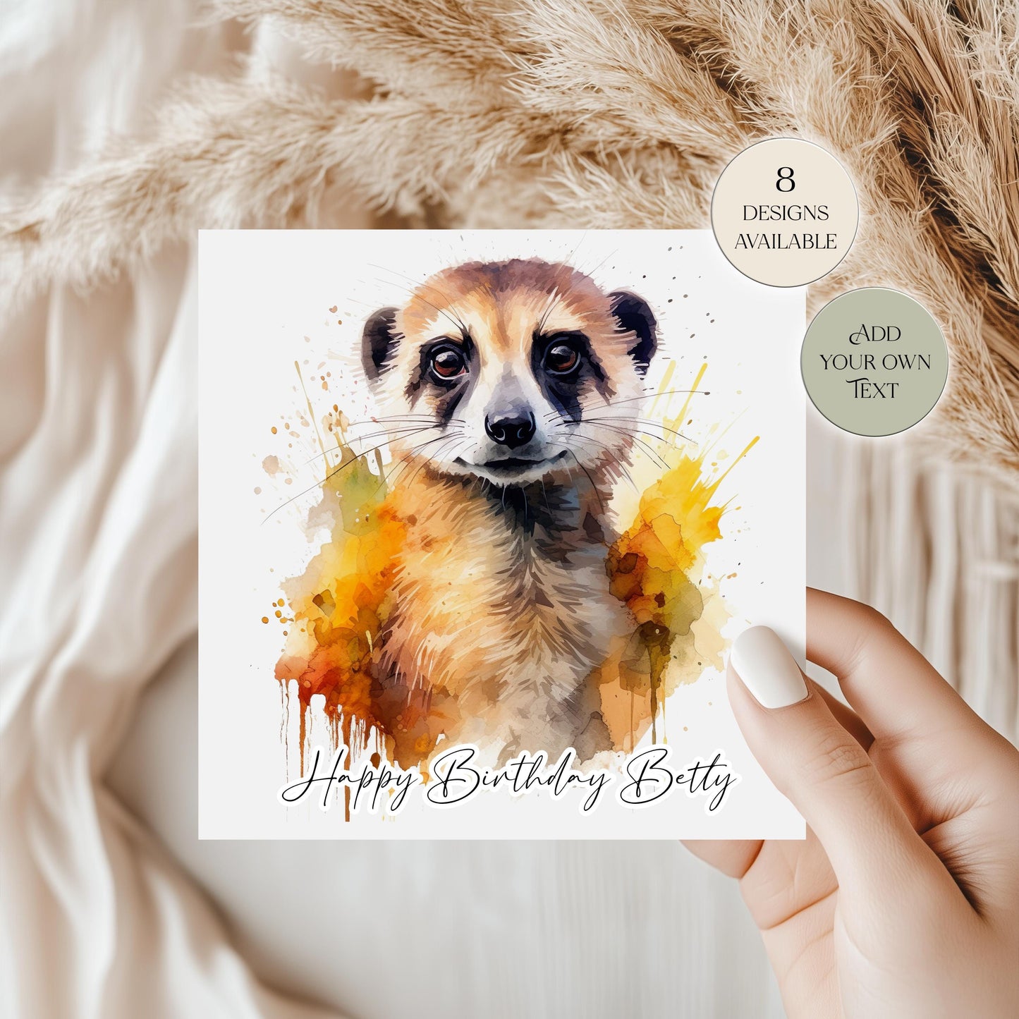 Personalised Meerkat Birthday Card – Cute Floral Greeting Card