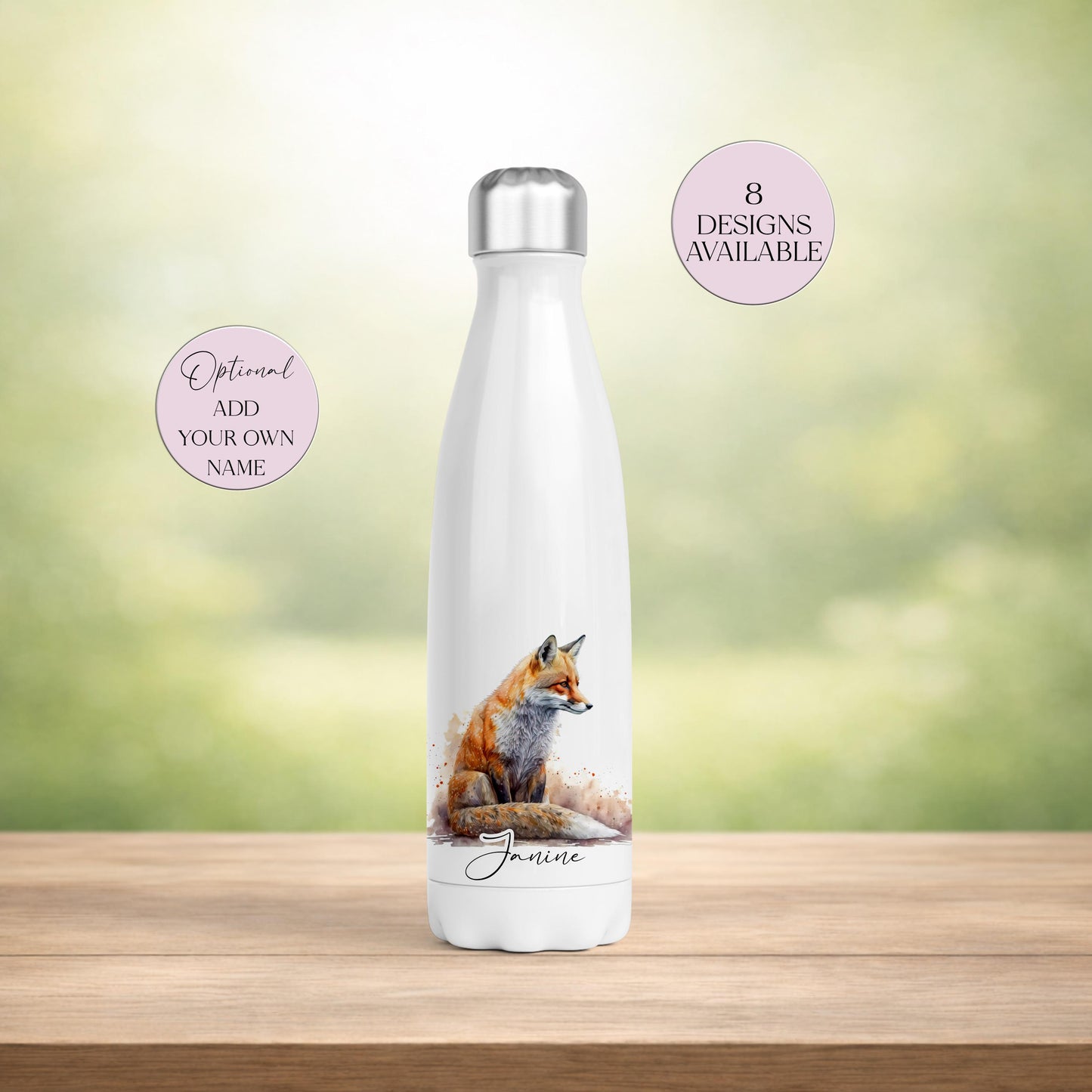 Personalised Fox Water Bottle – Insulated Stainless Steel Flask, Fox Lover Gift