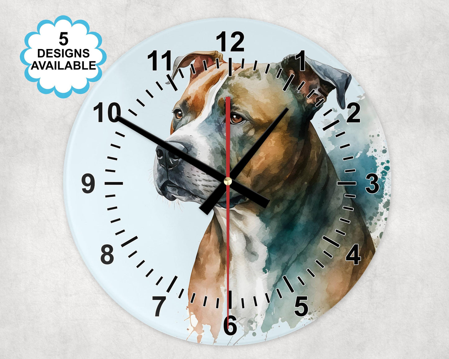 Glass Staffordshire Bull Terrier Wall Clock | Watercolour | Dog Lover Gift