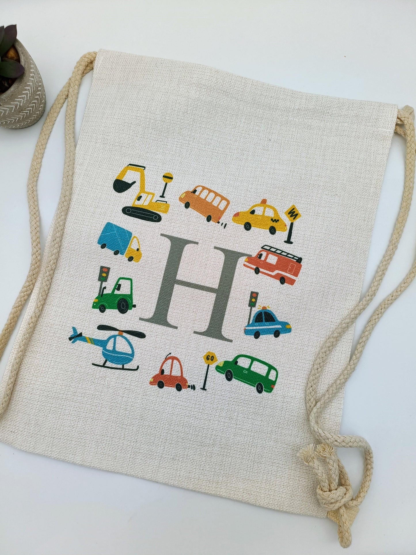 Personalised Cars & Transport Drawstring Bag | Kids School PE Bag | Custom Name Boy Gift