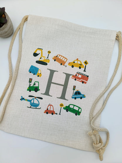 Personalised Cars & Transport Drawstring Bag | Kids School PE Bag | Custom Name Boy Gift