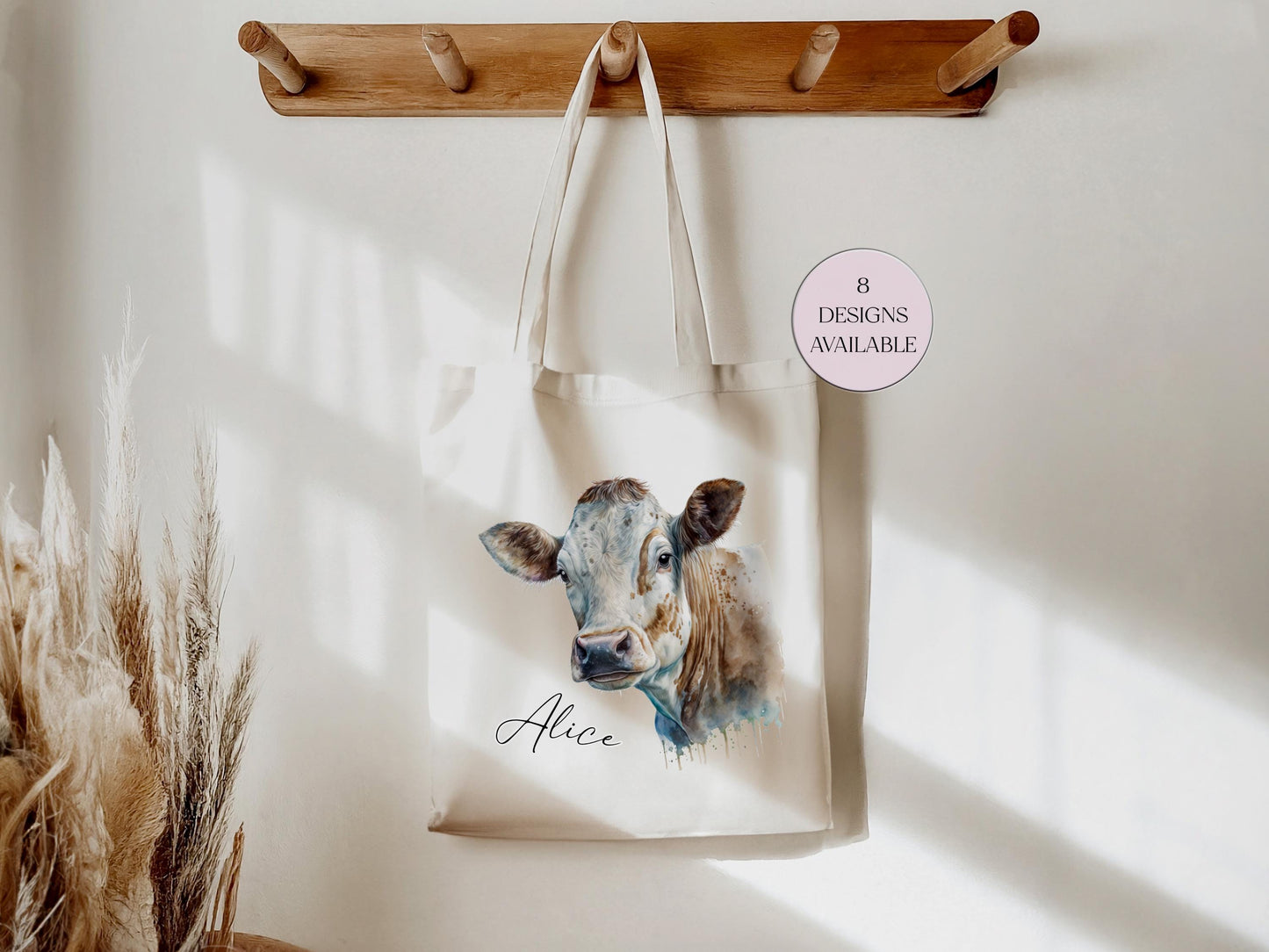 Personalised Watercolour Cow Tote Bag – Farmhouse Animal Lover Gift | Reusable Eco Shopper