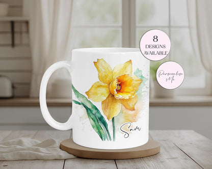 Personalised Watercolour Daffodil Mug & Coaster Set – Floral Spring Gift