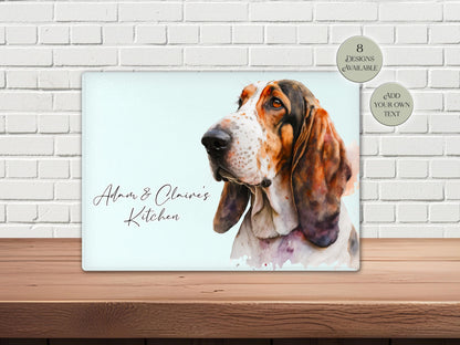 Personalised Basset Hound Glass Chopping Board | A3 or A4 | Dog Lover Gift