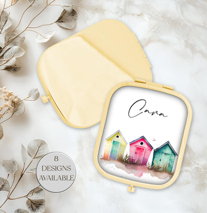 Personalised Beach Hut Compact Mirror | Rose Gold or Yellow Gold | Custom Gift for Her
