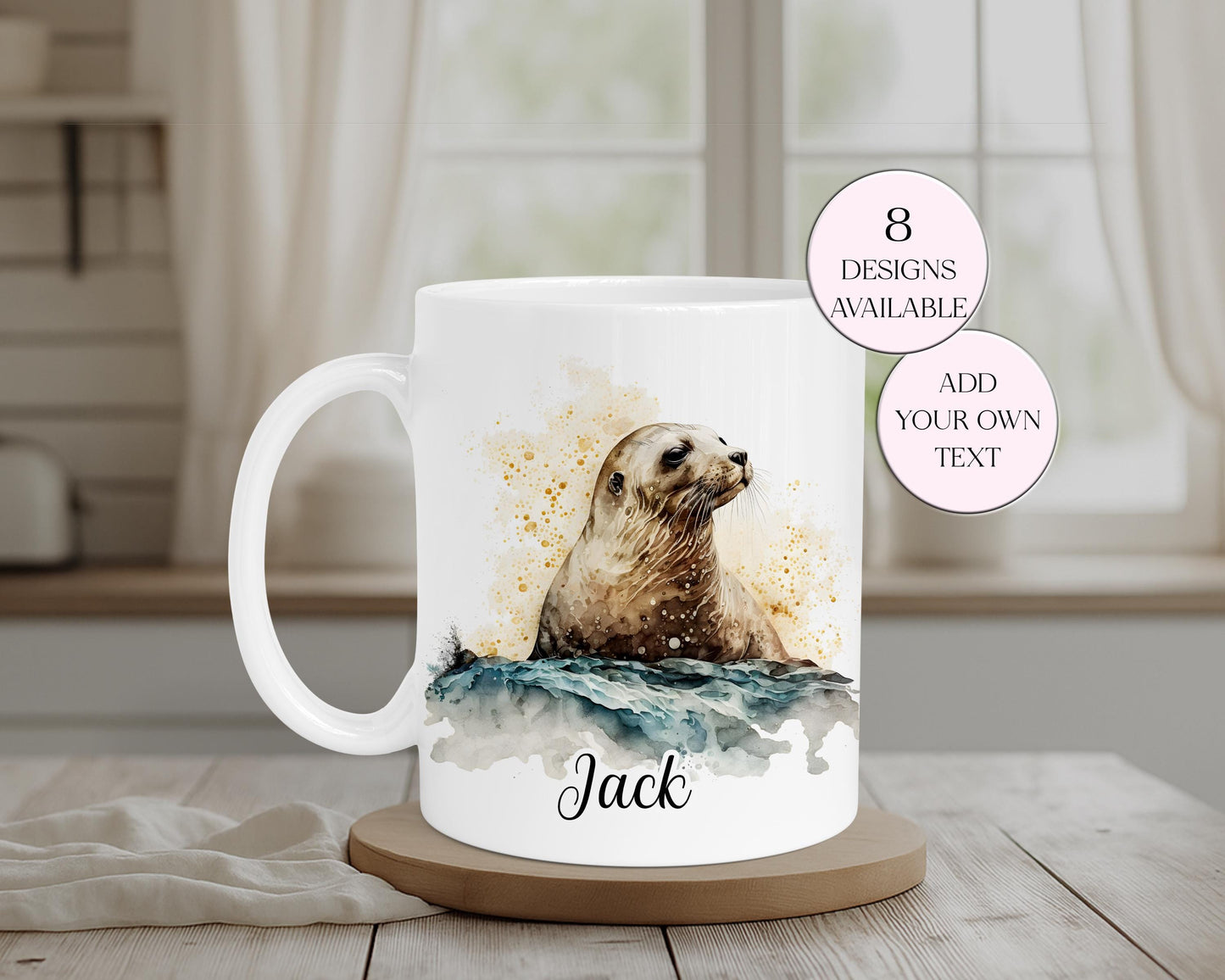Personalised Watercolour Seal Mug & Coaster Set – Coastal Animal Gift