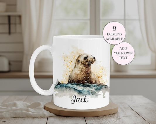 Personalised Watercolour Seal Mug & Coaster Set – Coastal Animal Gift