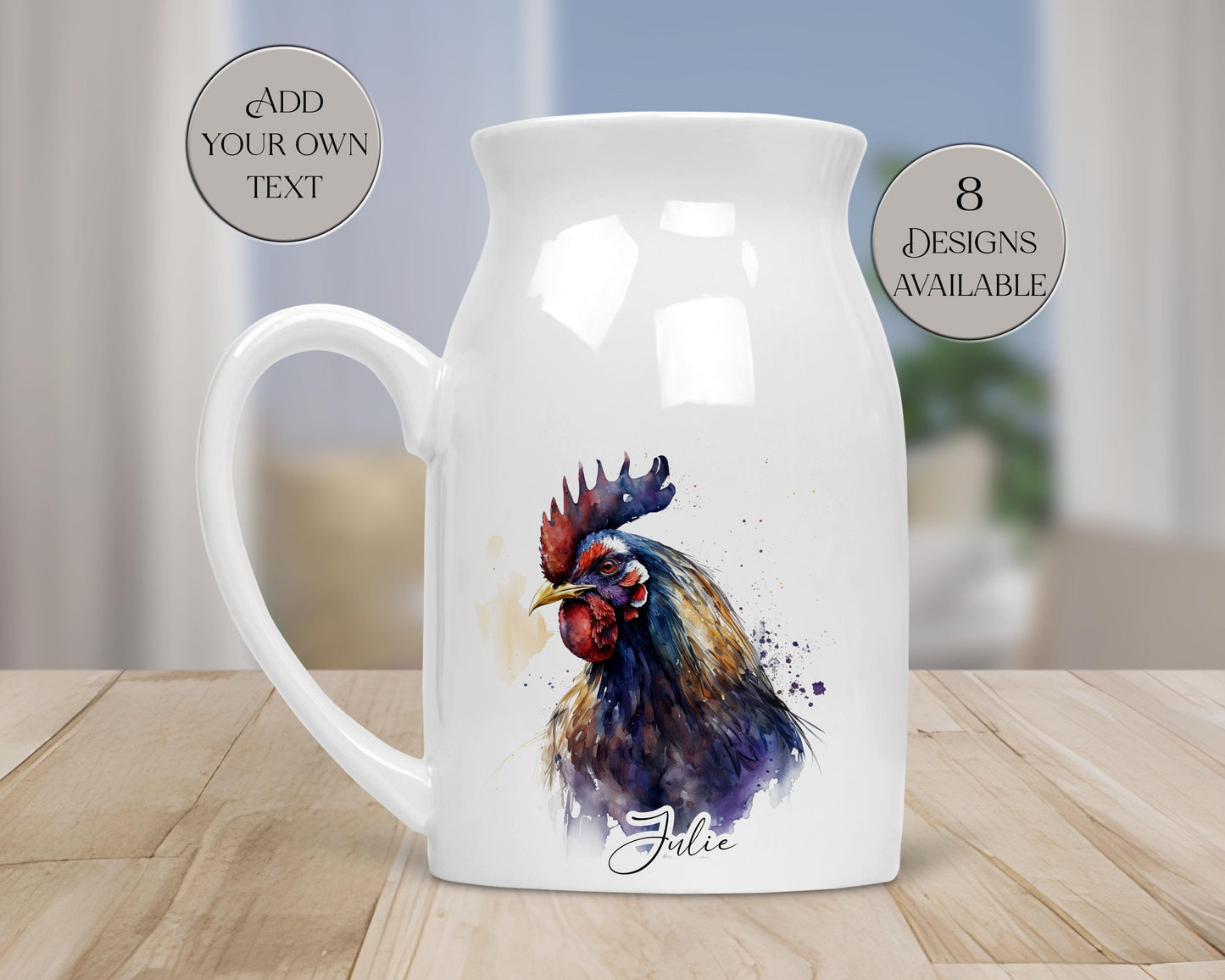 Personalised Cockerel Milk Jug – Watercolour Rooster Ceramic Flower Vase