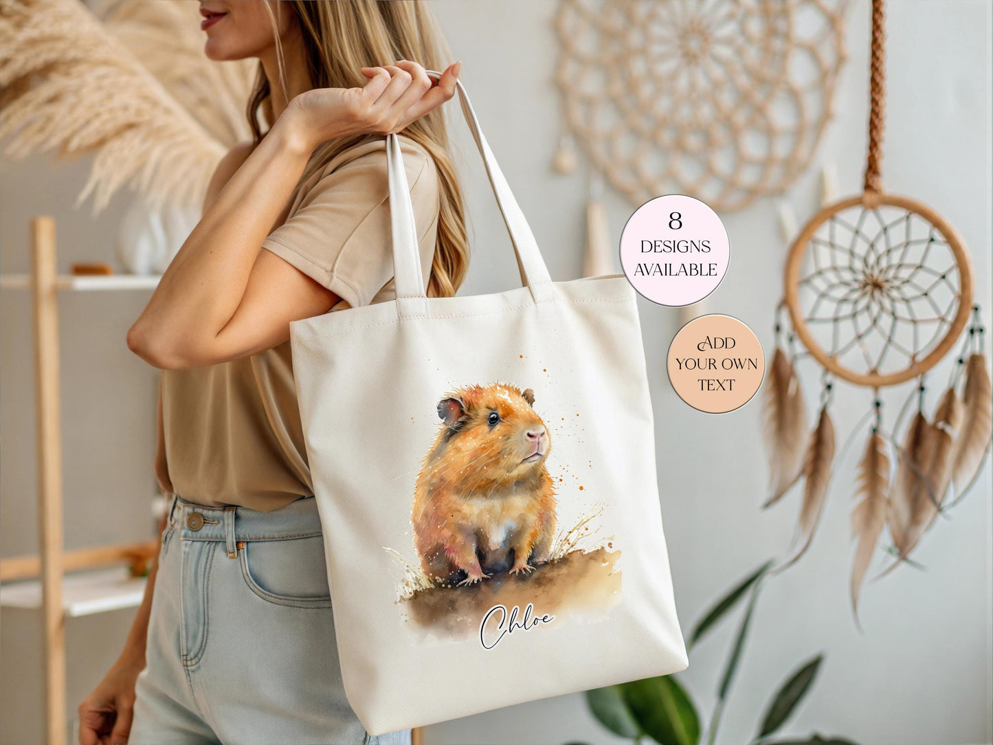 Personalised Watercolour Guinea Pig Tote Bag | Custom Guinea Pig Lover Gift | Long Handle Shopper