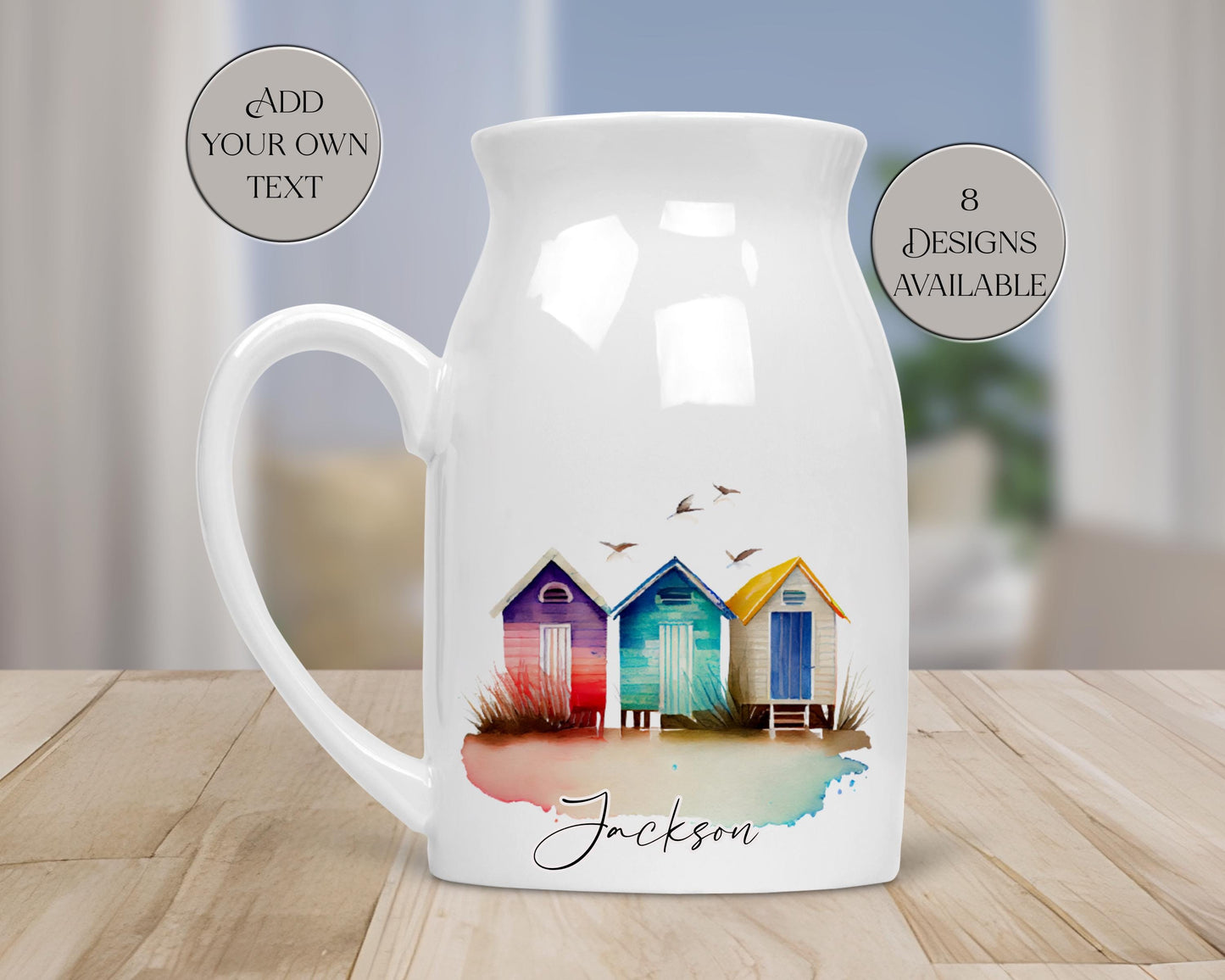 Personalised Watercolour Beach Hut Milk Jug | Flower Vase | Coastal Home Décor Gift