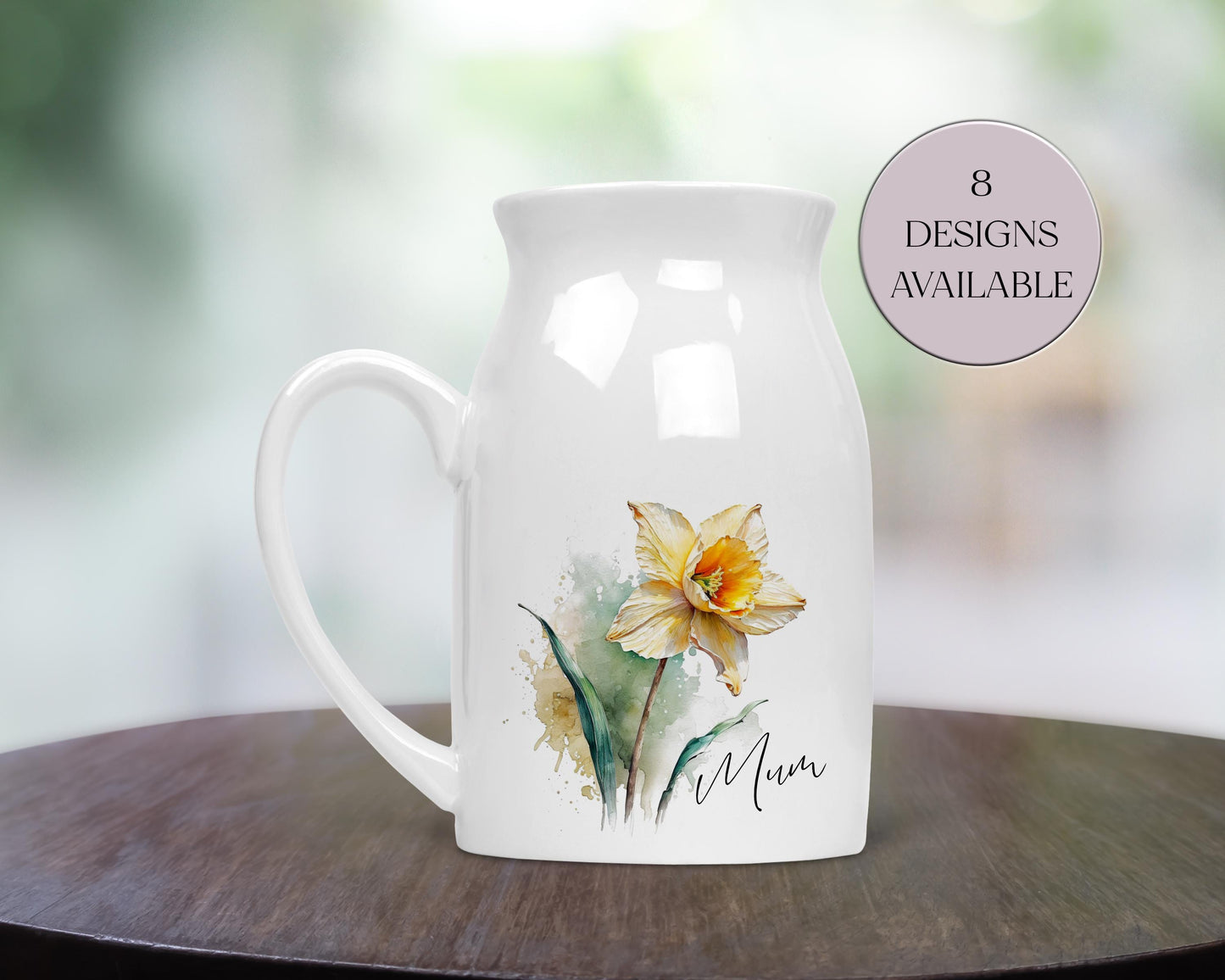 Personalised Watercolour Daffodil Milk Jug – Floral Vase & Mum Gift
