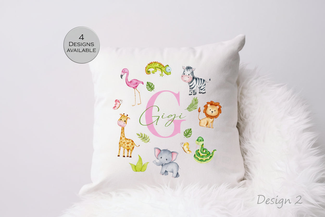 Personalised Jungle Safari Animal Cushion | Custom Kids Nursery Pillow | Wildlife Gift for Children