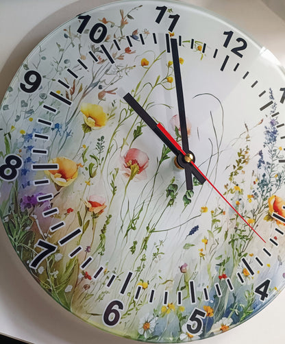 Glass Watercolour Wild Flower Clock – Floral Wall Clock, Nature-Inspired Home Gift