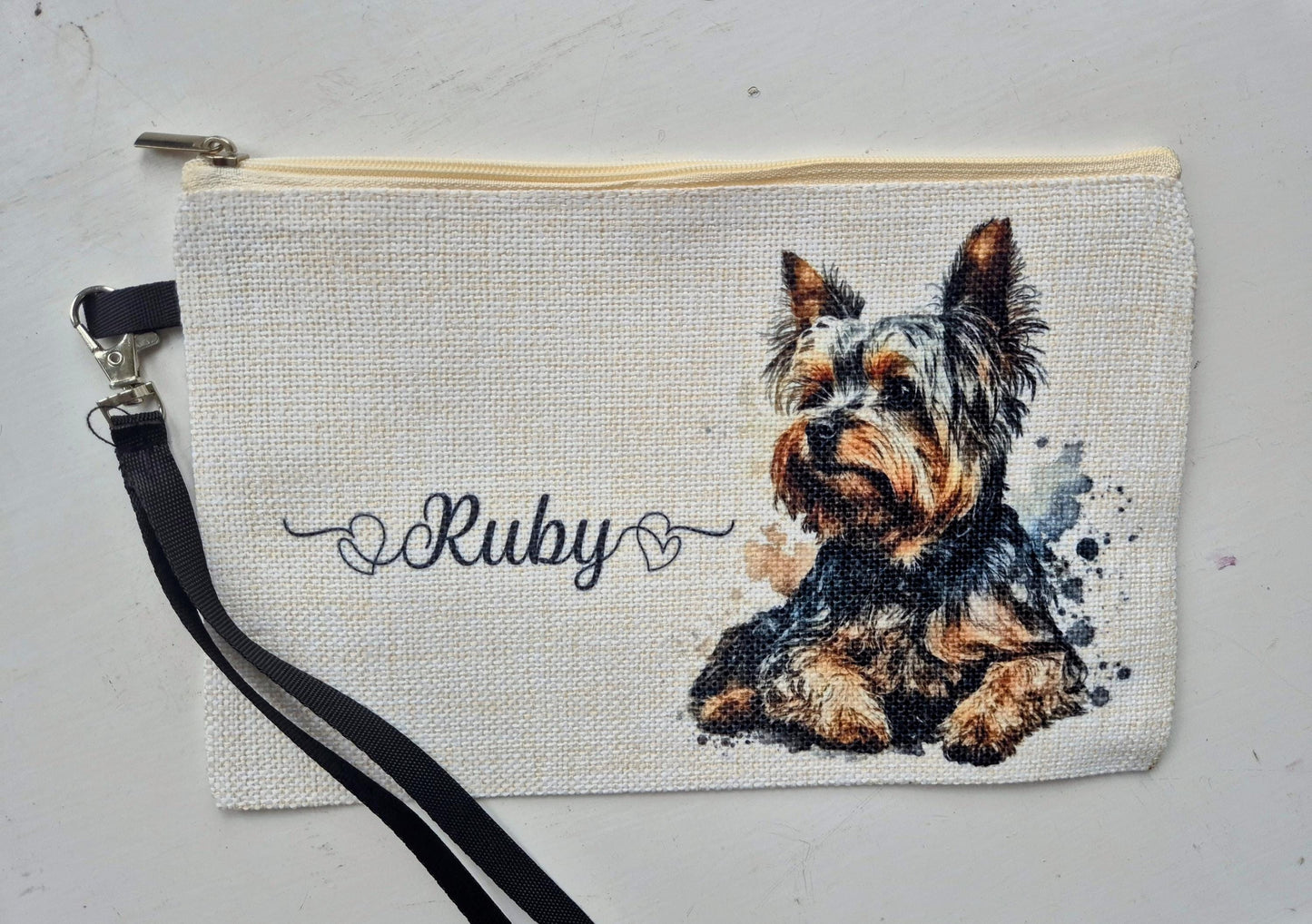 Personalised Yorkshire Terrier Makeup Bag – Custom Linen Pouch with Strap