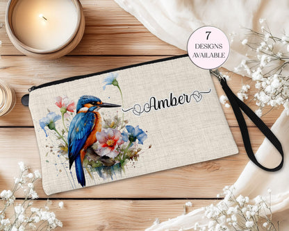 Personalised Kingfisher Makeup Bag – Custom Linen Pouch with Strap