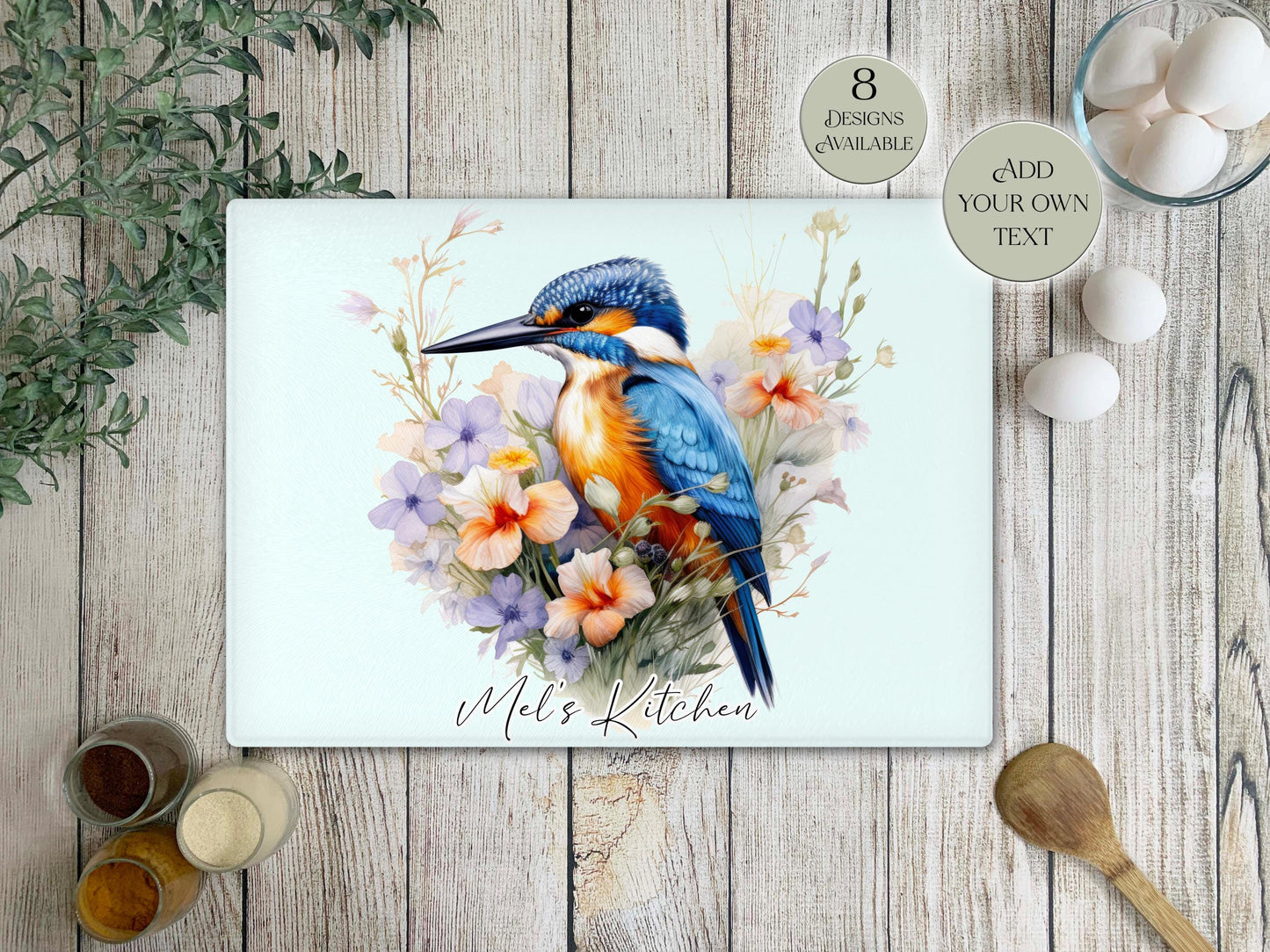 Personalised Kingfisher Glass Chopping Board | Bird Lover Kitchen Gift