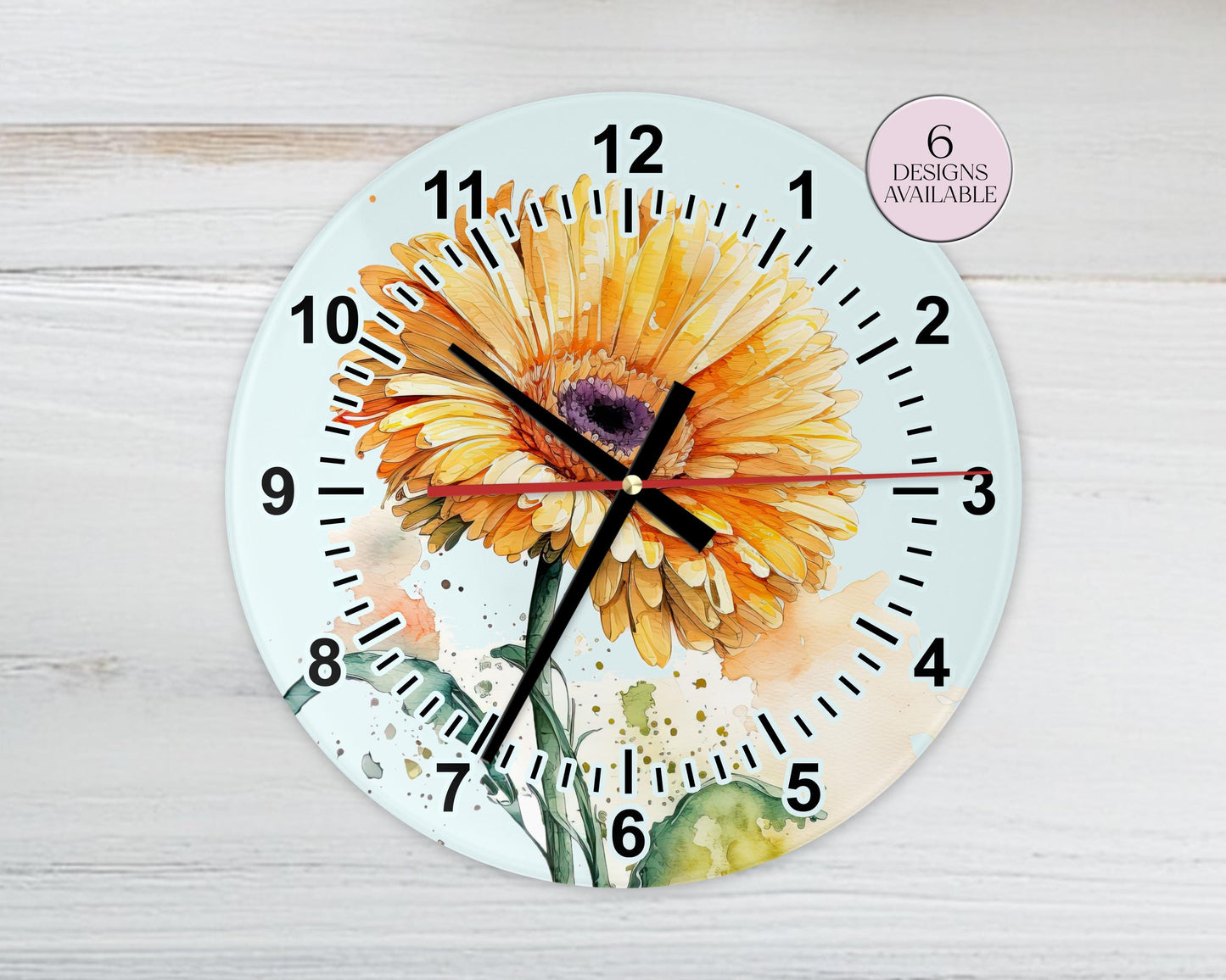Personalised Watercolour Gerbera Glass Wall Clock | Floral Home Décor | Unique Gift for Her