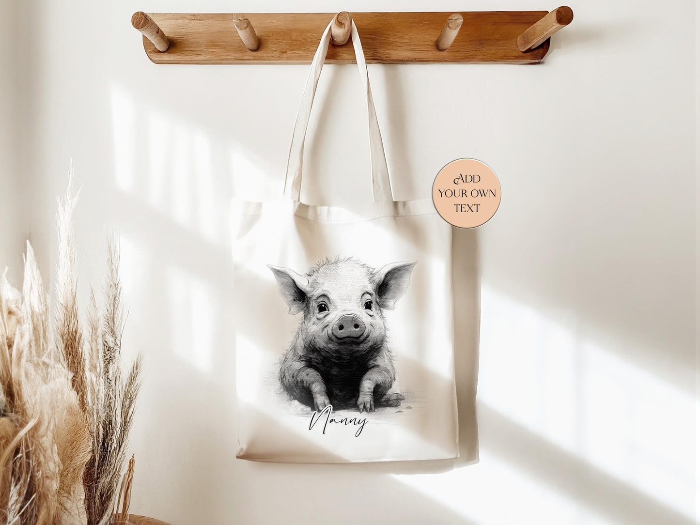 Personalised Sketched Pig Tote Bag | Custom Farm Animal Gift | Eco-Friendly Long Handle Shopper
