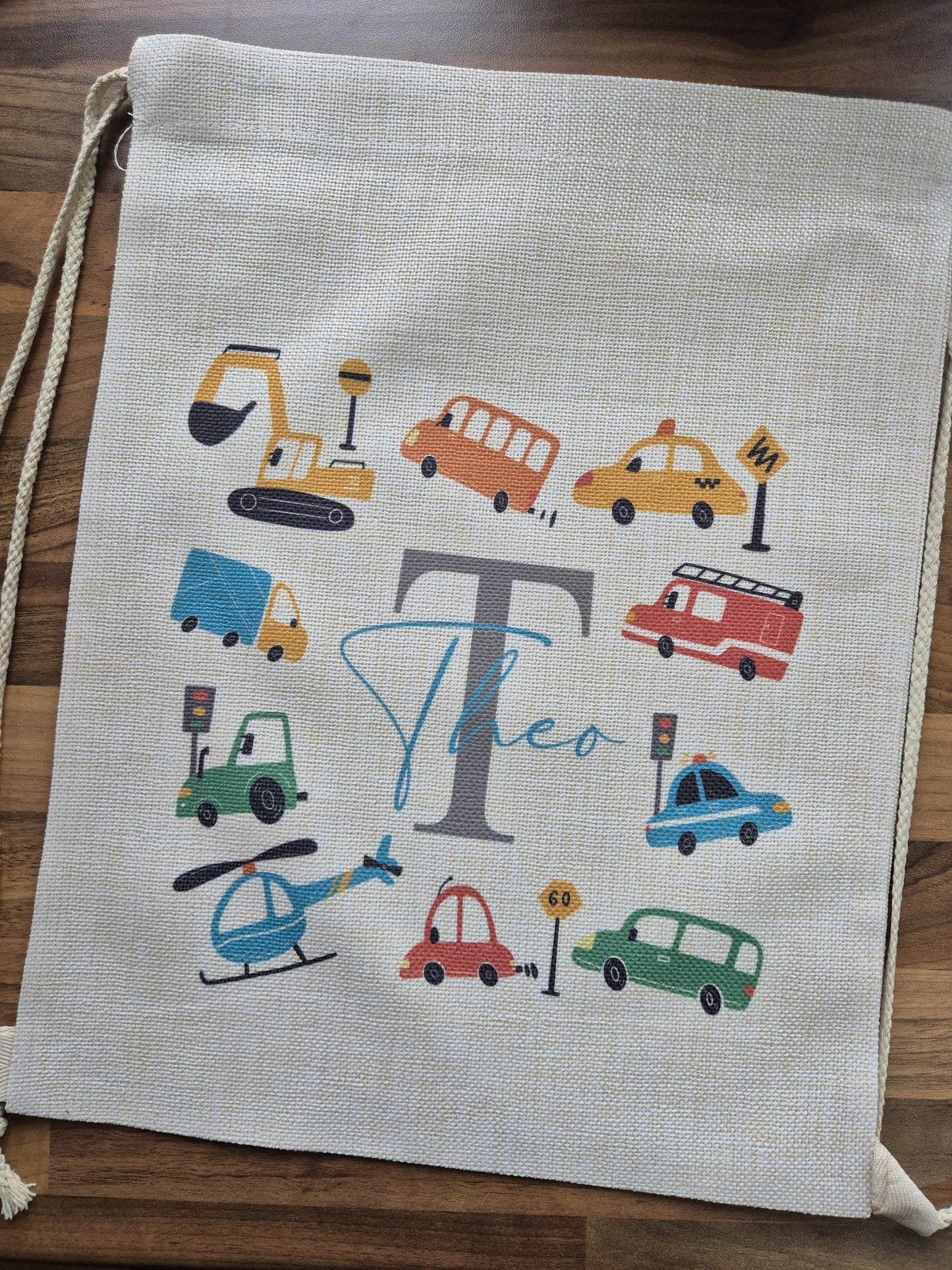 Personalised Cars & Transport Drawstring Bag | Kids School PE Bag | Custom Name Boy Gift