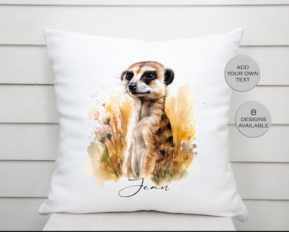 Personalised Watercolour Floral Meerkat Cushion | Custom Name Gift | Meerkat Lover Pillow