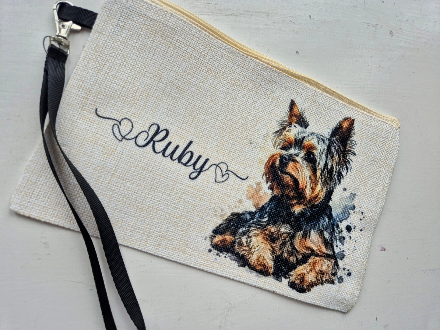 Personalised Yorkshire Terrier Makeup Bag – Custom Linen Pouch with Strap