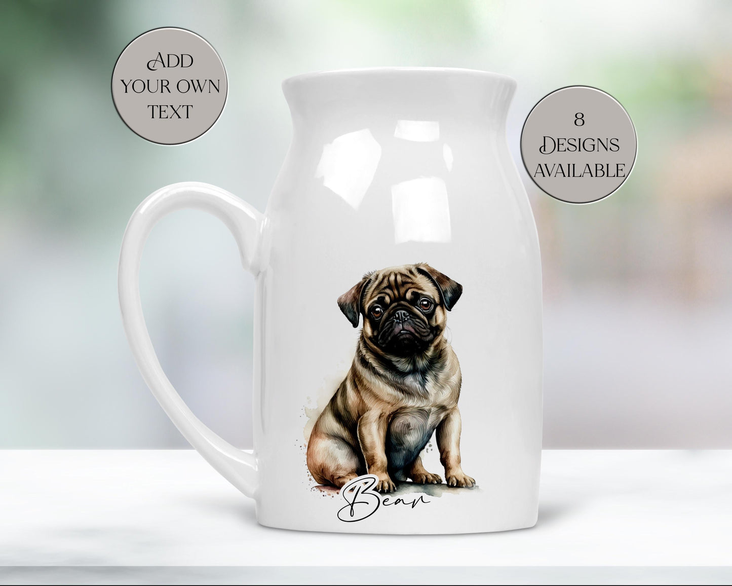 Personalised Watercolour Pug Milk Jug | Flower Vase | Pug Lover Gift