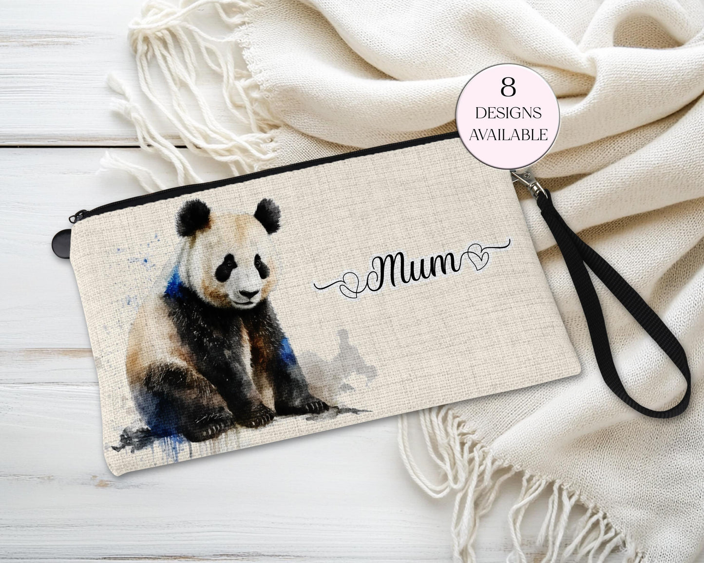 Personalised Panda Bear Makeup Bag – Custom Linen Pouch with Strap