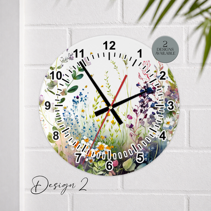 Glass Watercolour Wild Flower Clock – Floral Wall Clock, Nature-Inspired Home Gift